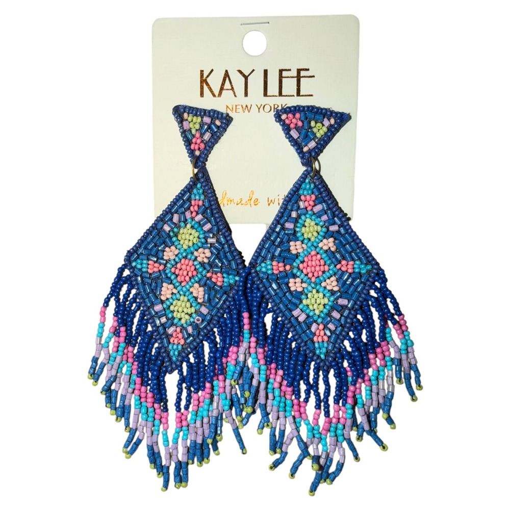 Kay Lee New York Beaded Fringe Statement Earrings Blue Boho Geometric NWT - Picture 1 of 2
